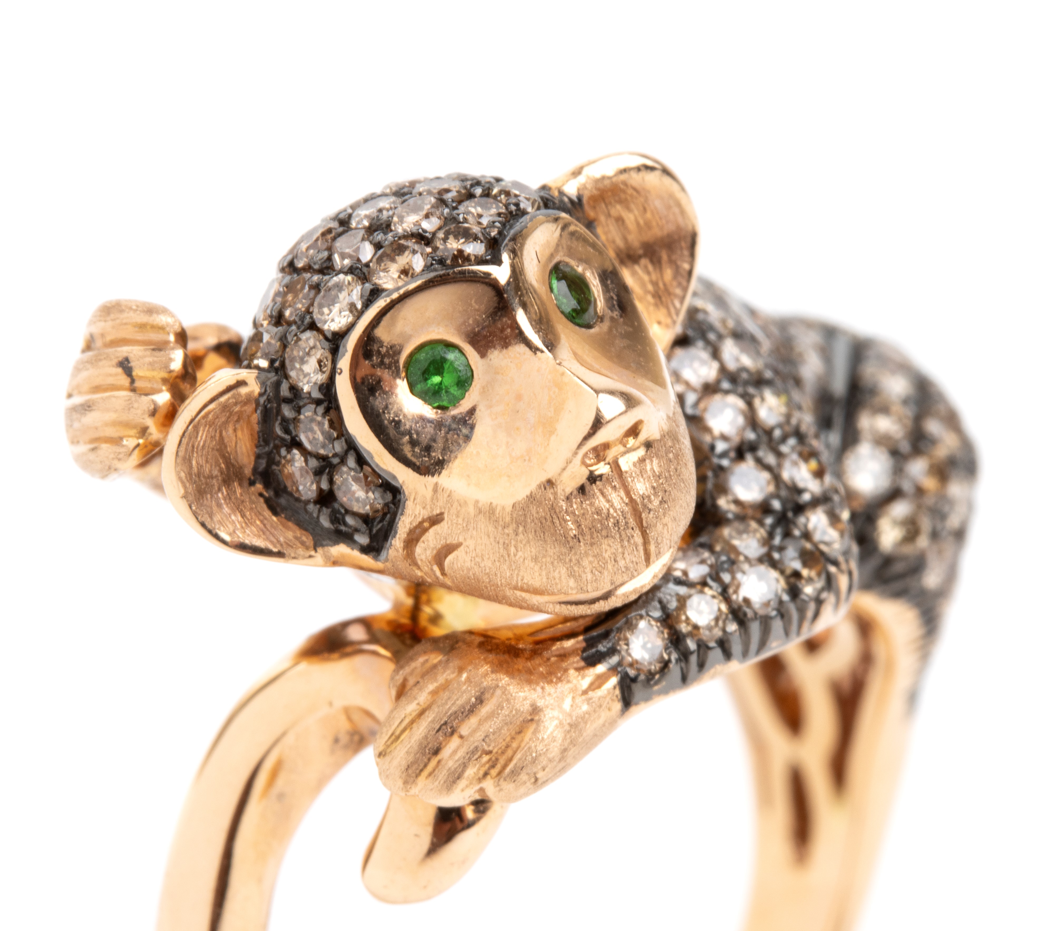 Branar Paris - Branar, Anello in oro rosa 18k con diamanti e tsavoriti a forma di scimmietta