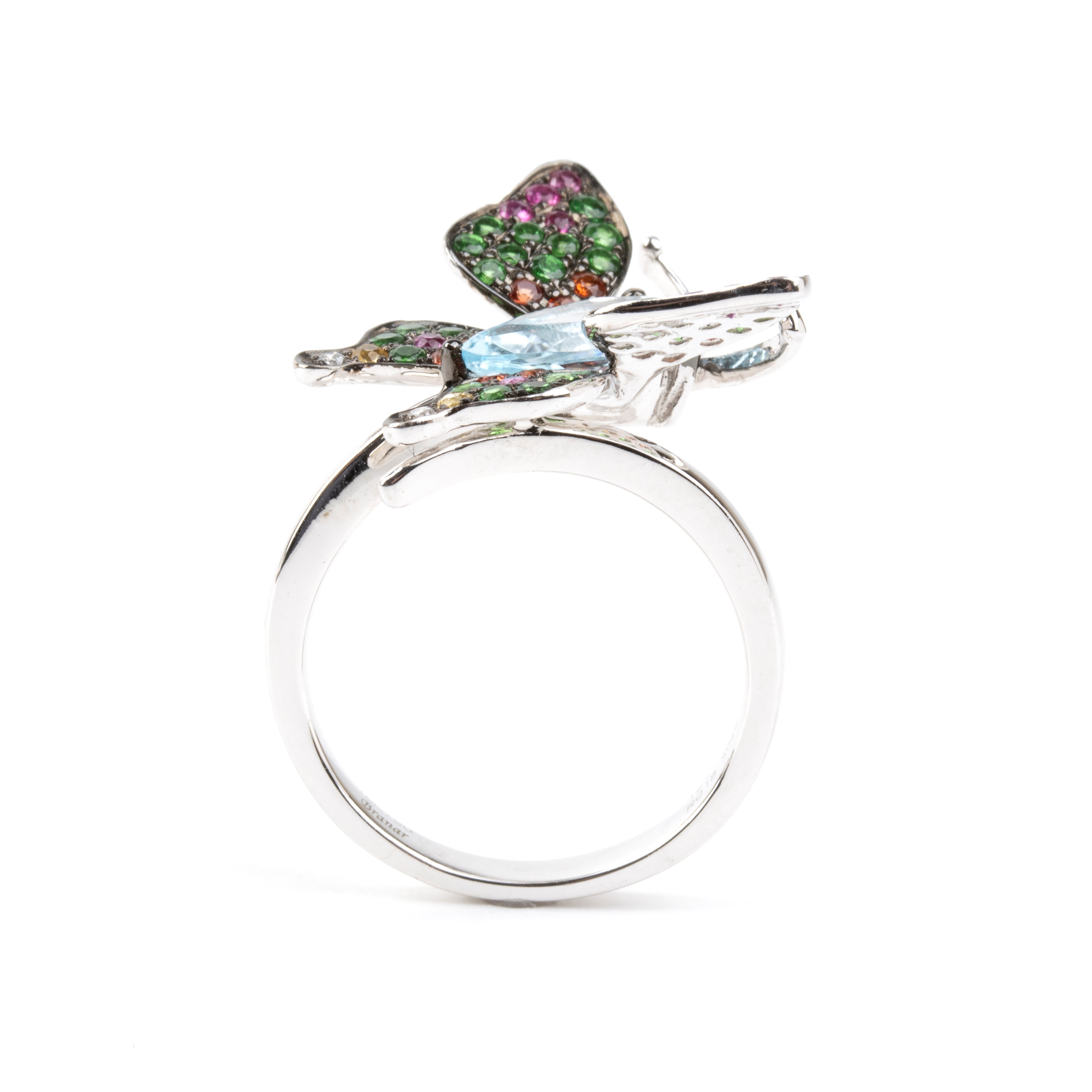 Branar Paris - Branar, Anello in oro bianco 18k con farfalla in acquamarina, corindoni, tsavortit...