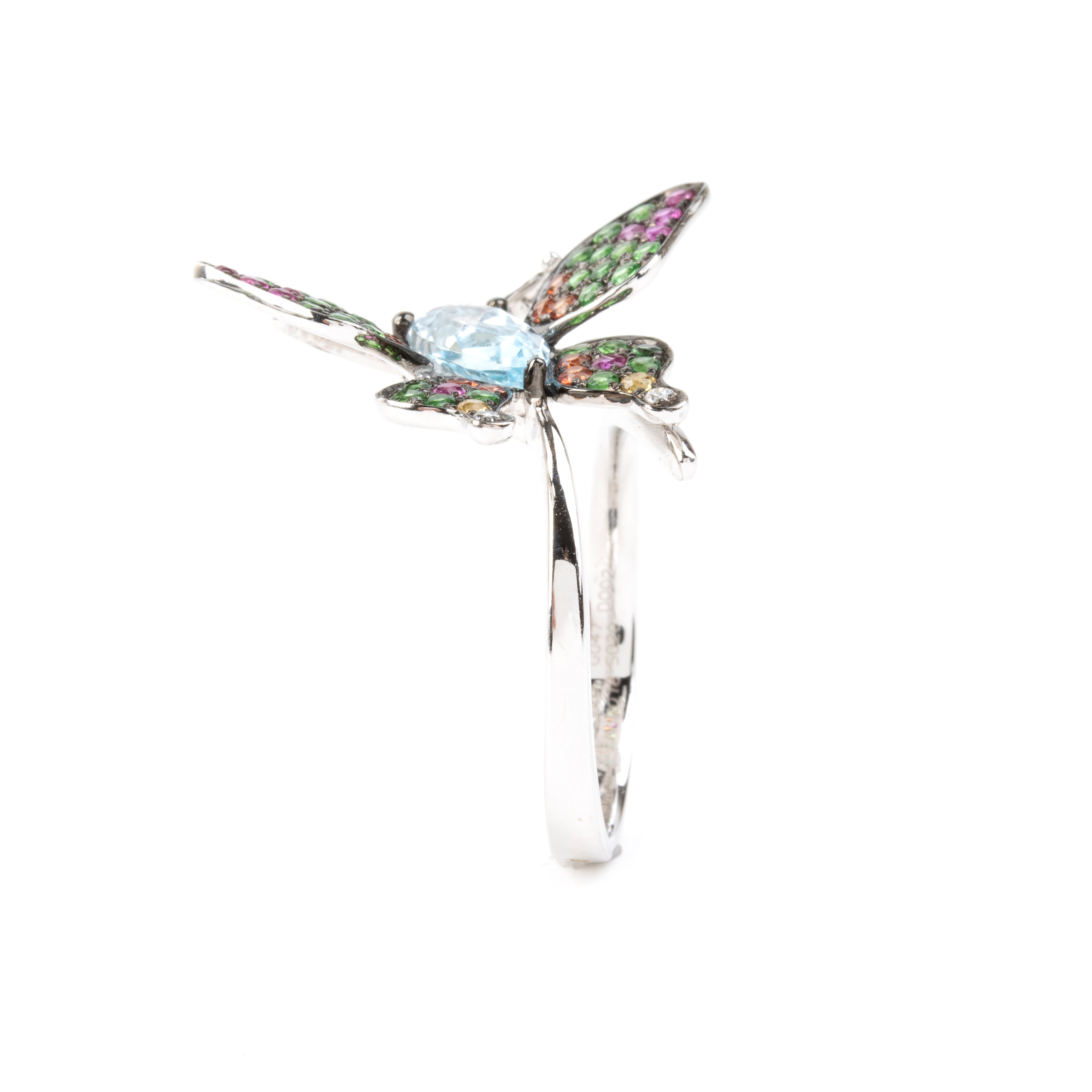 Branar Paris - Branar, Anello in oro bianco 18k con farfalla in acquamarina, corindoni, tsavortit...