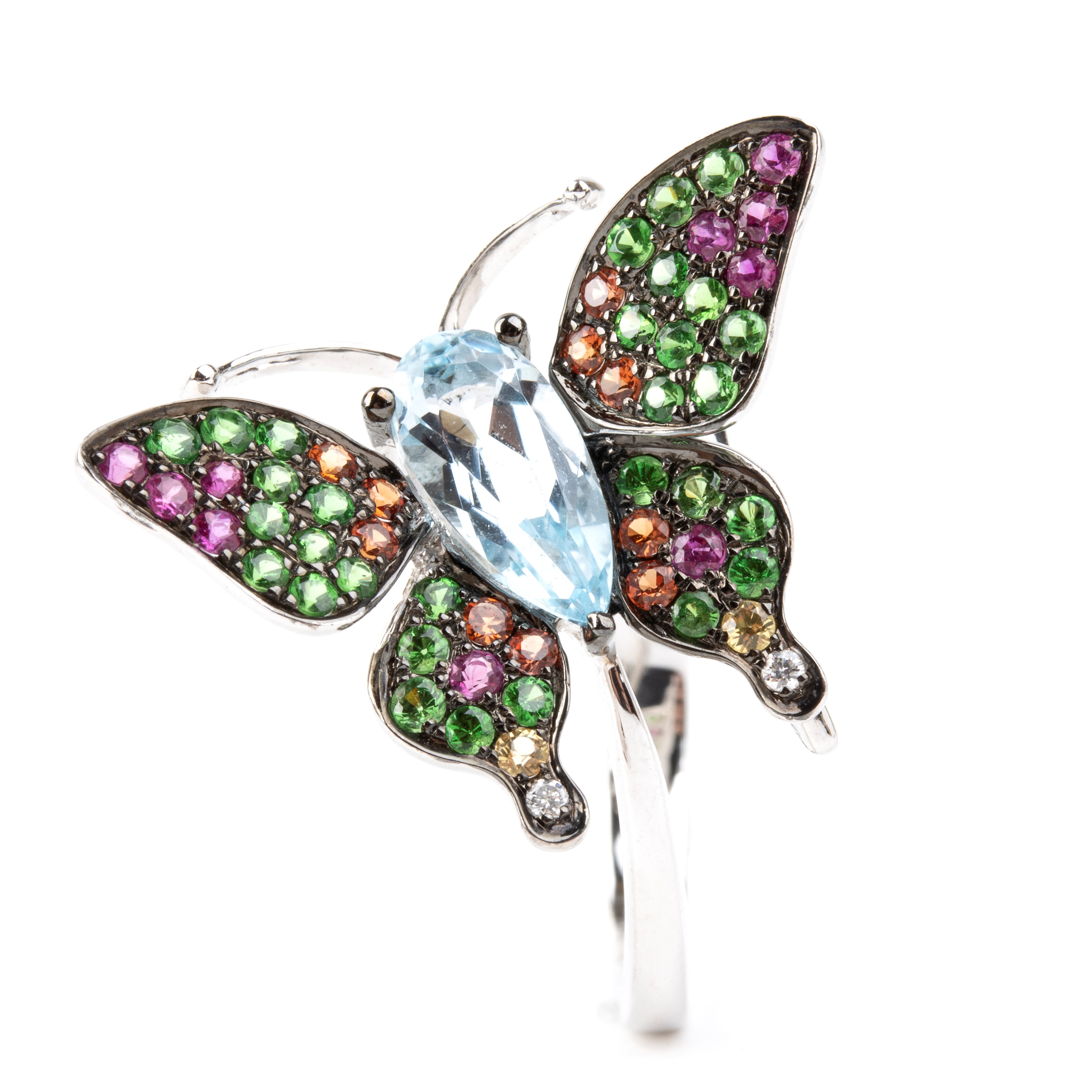 Branar Paris - Branar, Anello in oro bianco 18k con farfalla in acquamarina, corindoni, tsavortit...