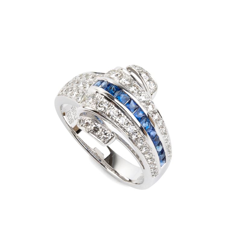 BRANAR, Anello in platino con diamanti in pavé e zaffiri quadrati