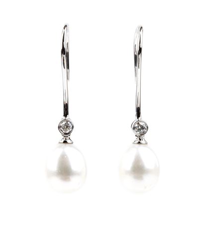 Branar, Paio di orecchini pendenti con perla e diamante, oro bianco 18k