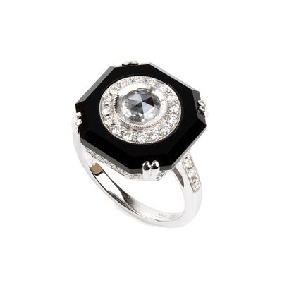 Branar, Anello in stile Déco in oro bianco 18k con onice e diamanti