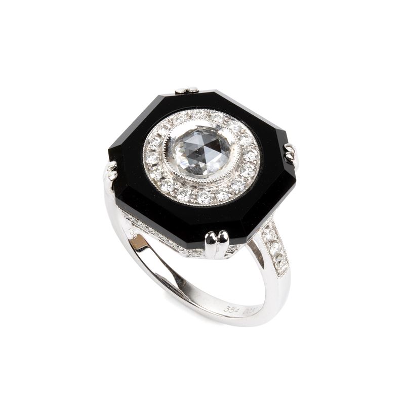 Branar Paris - Branar, Anello in stile Déco in oro bianco 18k con onice e diamanti