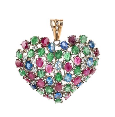 Pendente a cuore in argento e oro 9k con diamanti e gemme colorate
