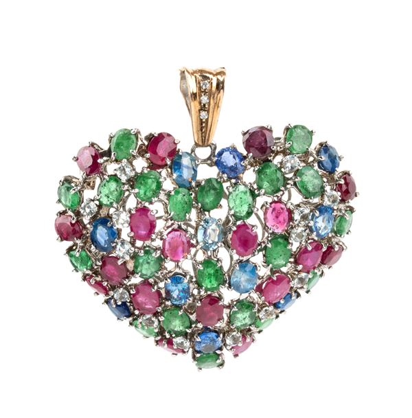 Diamond colored stone silver gold heart shaped pendant