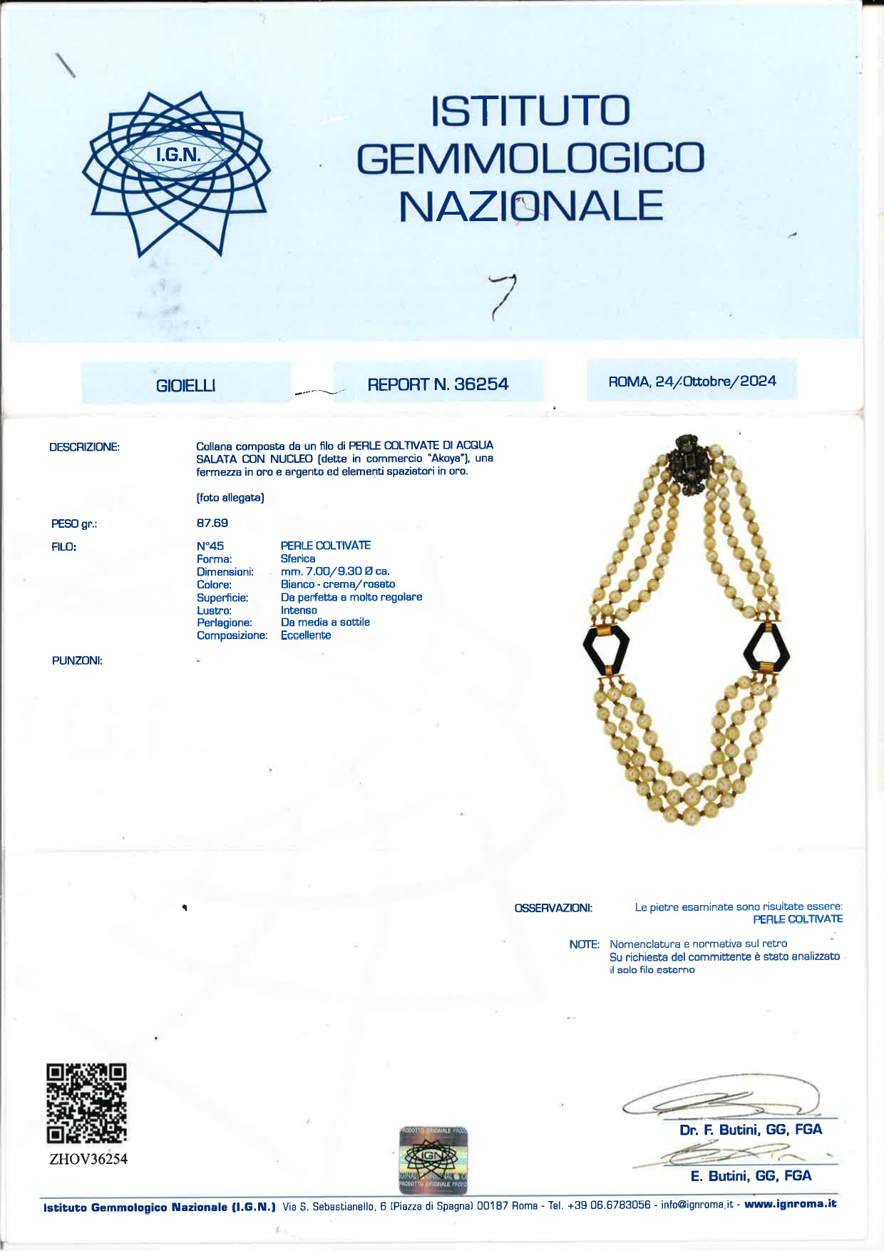 Collana a tre fili di perle coltivate in oro, argento, smeraldo, diamanti e onice, certificato IG...