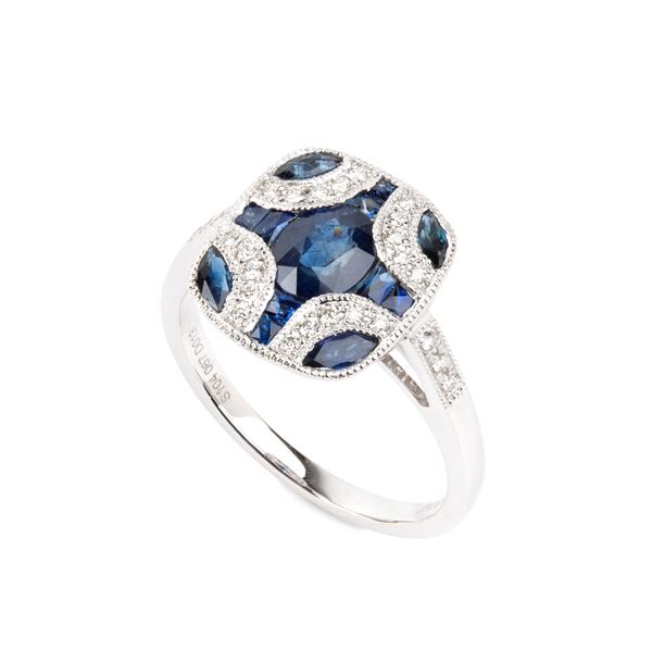 BRANAR PARIS - Anello in platino in stile decò con zaffiri e diamanti   