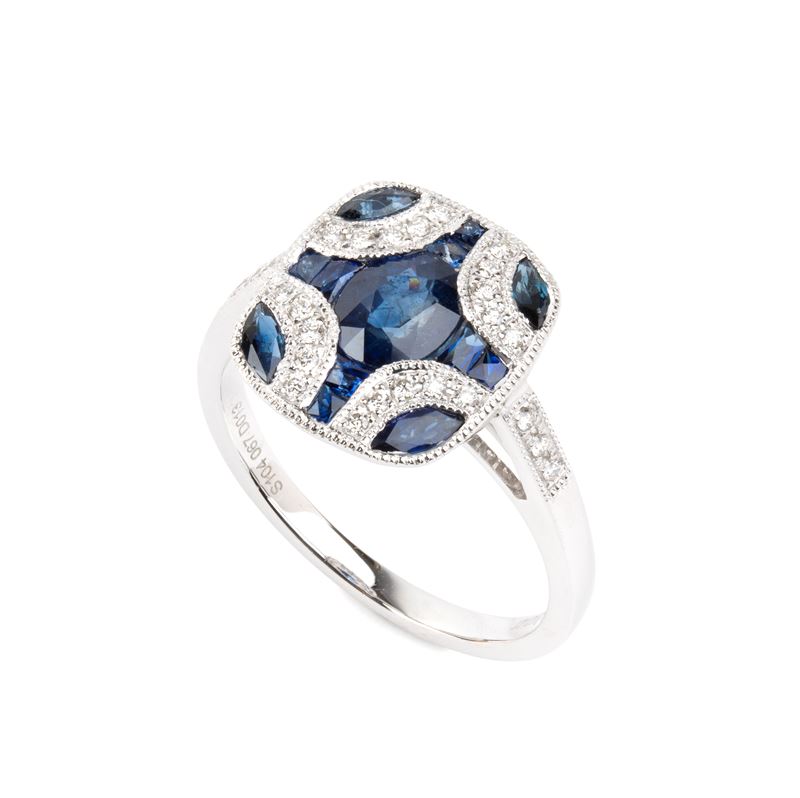 Branar Paris - Branar, Anello in platino in stile déco con zaffiri e diamanti