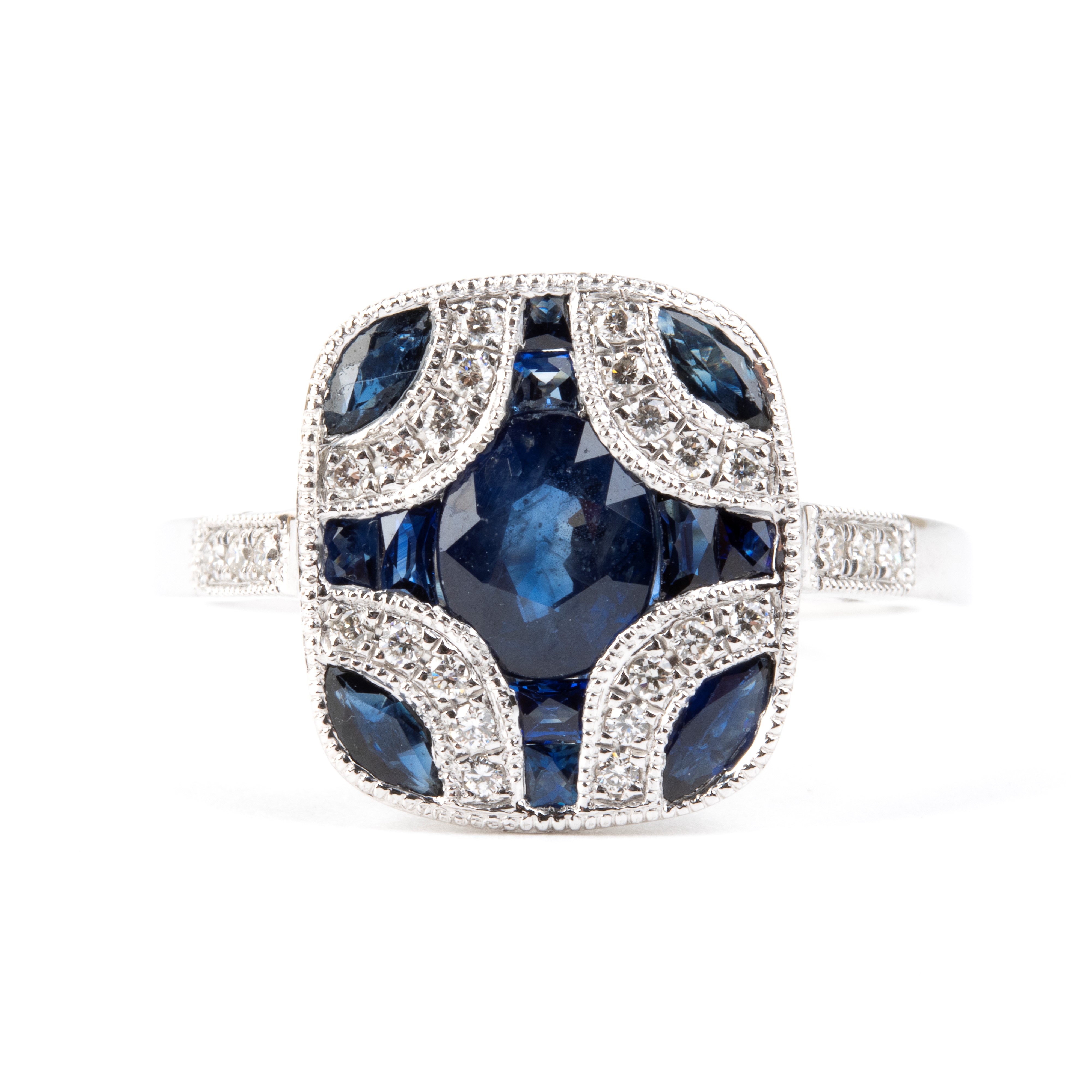 Branar Paris - Branar, Anello in platino in stile déco con zaffiri e diamanti
