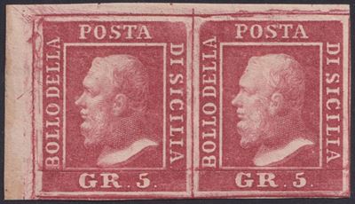 Francobollo Sicilia, Coppia angolo di foglio (sup. sinistro) da 5 gr rosa carminio n. 9, nuova co...