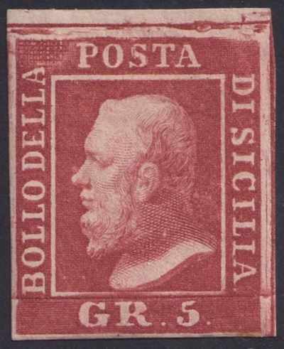 Alberto Diena, Sicilia - 5 gr carminio (tonalità scura), varietà n. 9a, ritocco n. 5, nuovo con g...