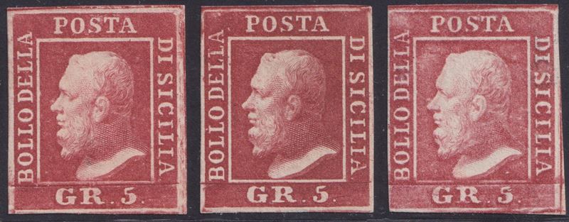 Sicilia, 5 gr. I tavola, tre esemplari nuovi senza gomma