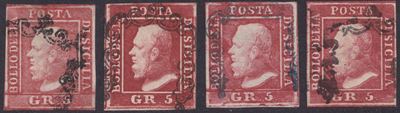 Italia, Sicilia — Studio cromatico del francobollo 5 gr (I tav. n. 9) in quattro tonalità di colo...