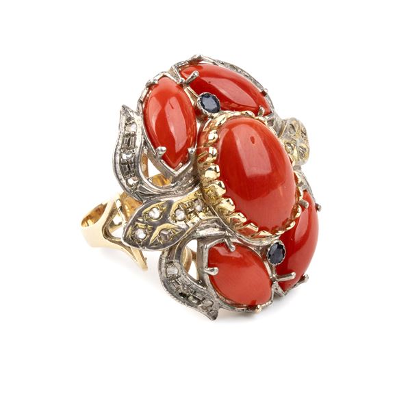 Anello in oro ed argento con corallo Mediterraneo e diamanti   