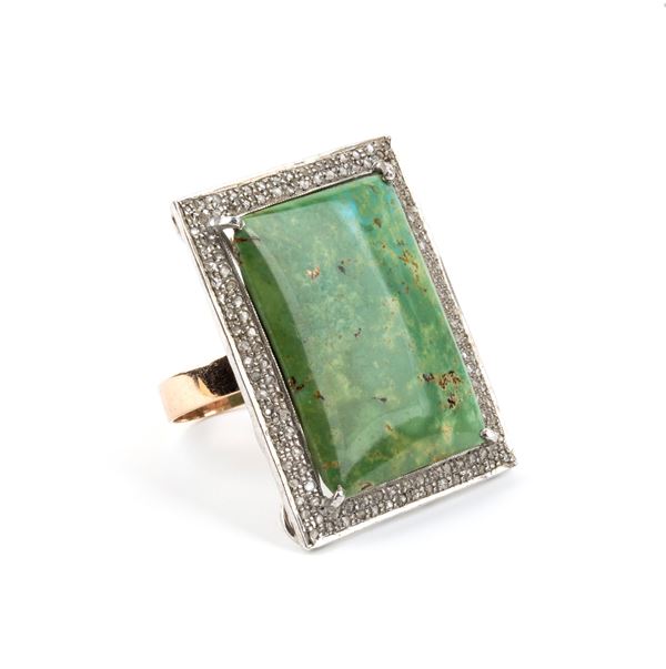 Anello in oro ed argento con turchese e diamanti 