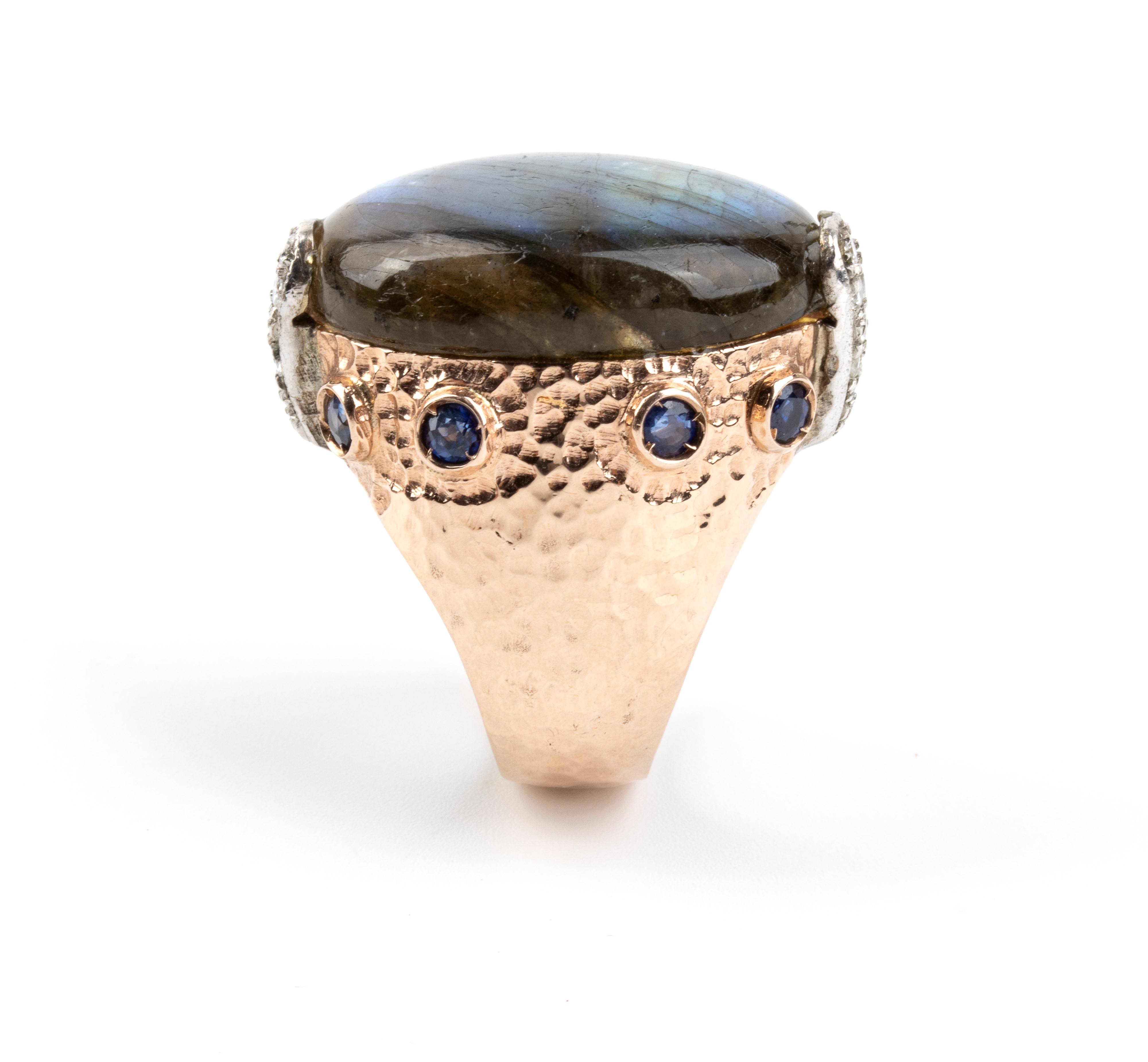 Anello in oro 9k rosa e argento 925 con labradorite cabochon e diamanti