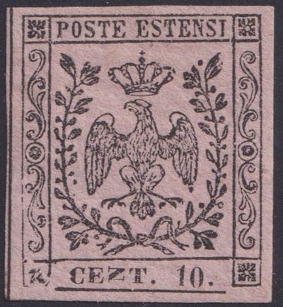 Italia, Modena – Varietà tipografiche, 10 centesimi rosa con “N” coricata (punto) – 1852