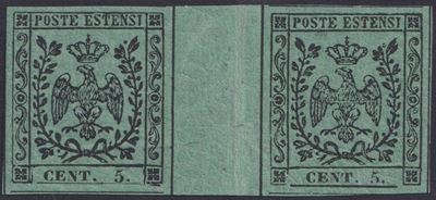 Collezionismo filatelico, Modena 5 centesimi verde (fronte) n. 7, coppia con interspazio di grupp...