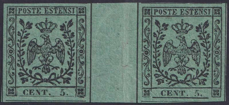 Collezionismo filatelico, Modena 5 centesimi verde (fronte) n. 7, coppia con interspazio di grupp...