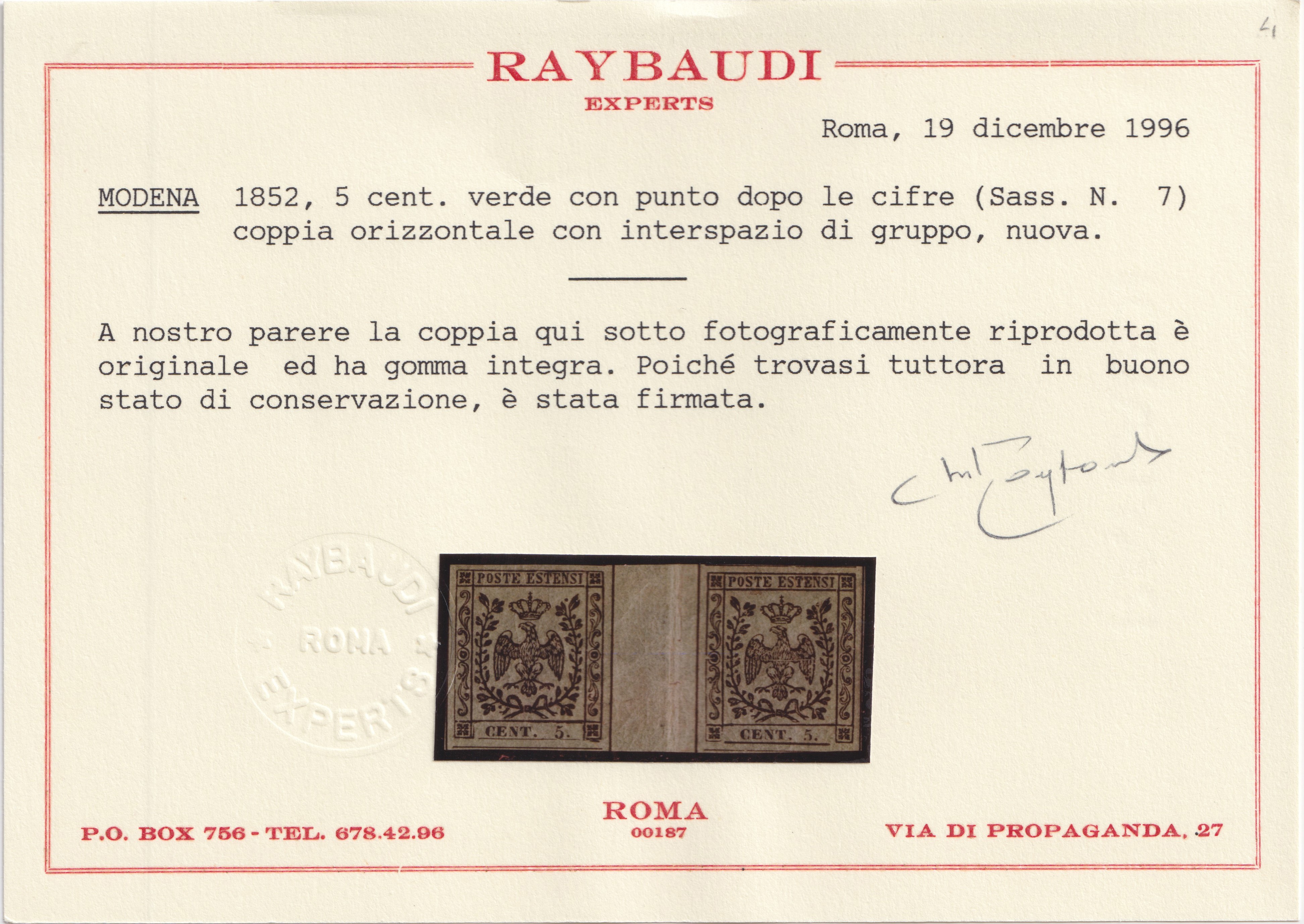 Collezionismo filatelico, Modena 5 centesimi verde (fronte) n. 7, coppia con interspazio di grupp...