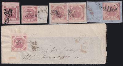 Napoli, Piccolo insieme di francobolli (1 gr. e 2 gr.) annullati tramite svolazzo, 1858