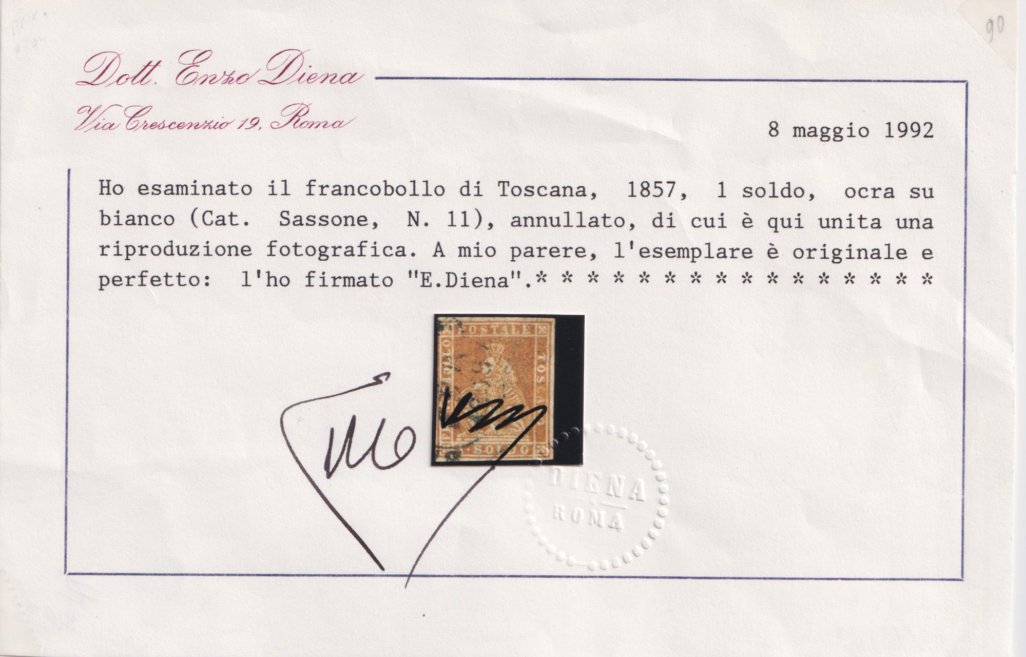 1857, Toscana – II emissione: 1 soldo ocra, n. 11