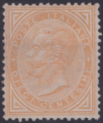Regno, Francobollo da 10 centesimi giallo ocra (1863) — D.L.R., n.T17 con TO ben centrato e S.G.