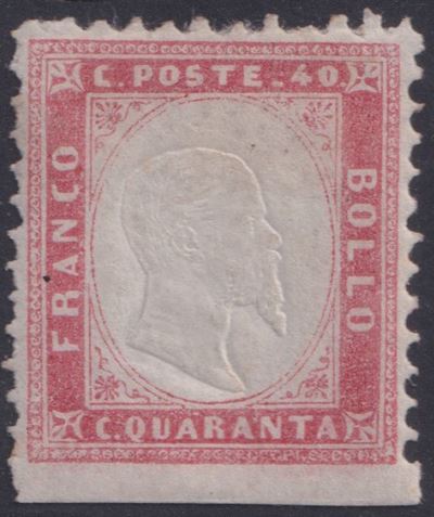 Francobollo del Regno d’Italia, 40 centesimi rosa chiaro (1862) – esemplare non dentellato in bas...