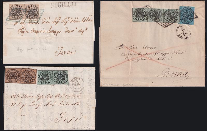 Pontificio, Storia postale: tre oggetti postali con affrancature e annullamenti