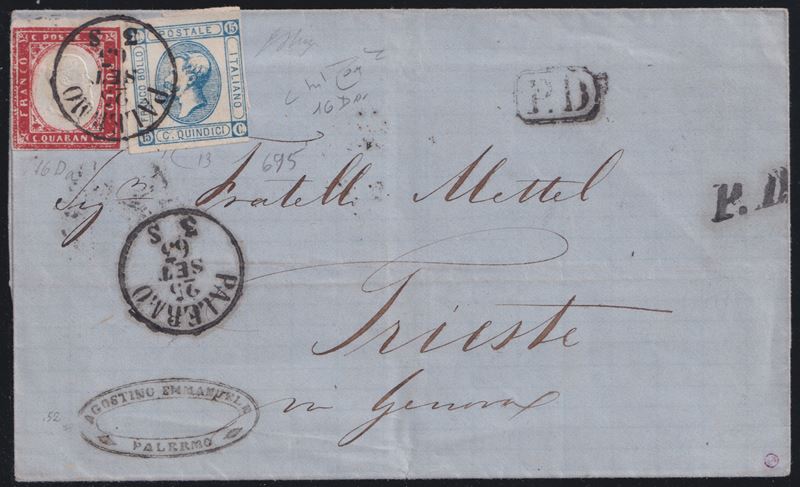 Regno d’Italia, Storia postale: affrancatura mista 40 + 15 cent., Palermo–Trieste (25/09/1863)