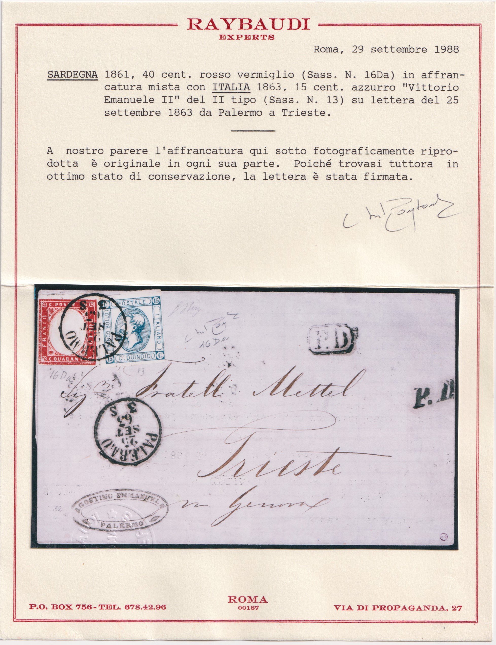 Regno d’Italia, Storia postale: affrancatura mista 40 + 15 cent., Palermo–Trieste (25/09/1863)