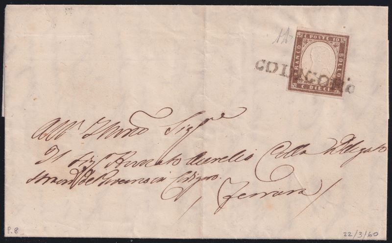 Alberto Diena, Lettera da Codigoro per Ferrara con affrancatura 10 centesimi bruno lilla (n. 14Ba...