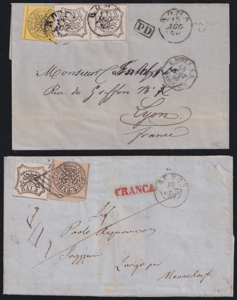 Pontificio, Storia postale: due lettere per l’estero (1865)
