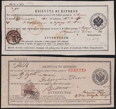 L. Veneto, Due ricevute di ritorno affrancate (1852)