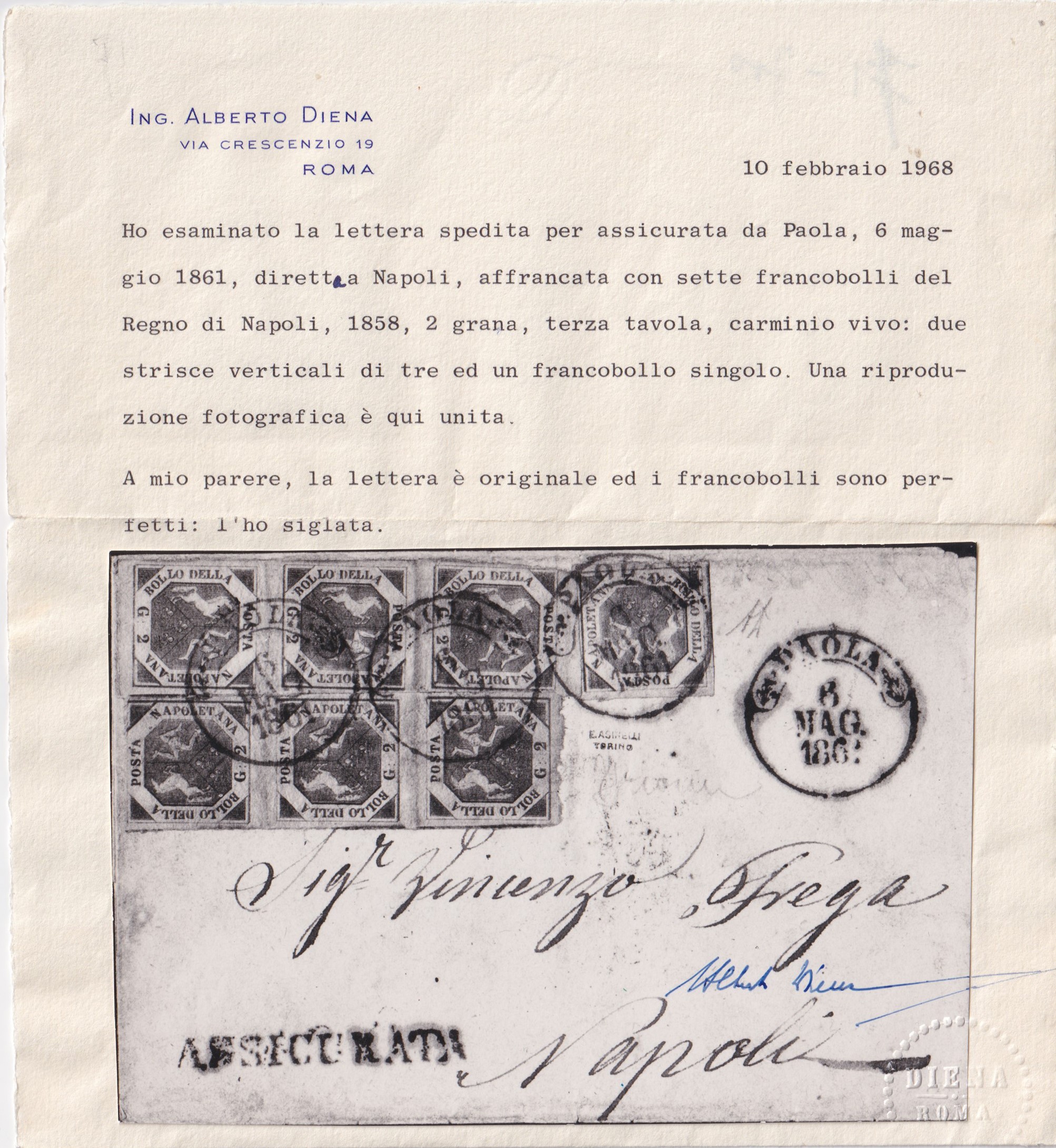 Busta postale con affrancatura per Napoli, Paola + S.D. Assicurata (pt.12)