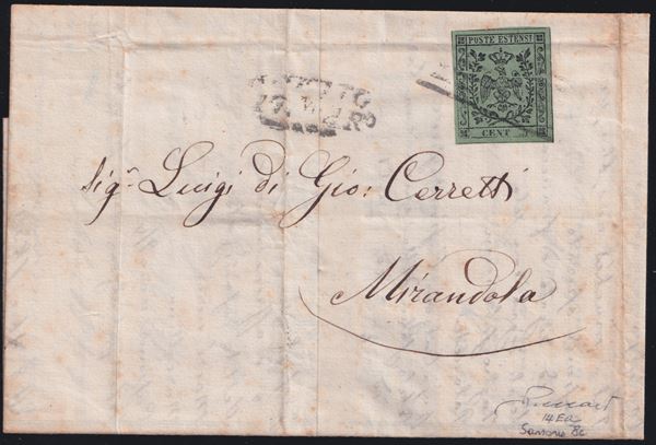 Modena - Typographic Varieties, 5 cent. Olive green with dot shifted toward the 5 no. 8c