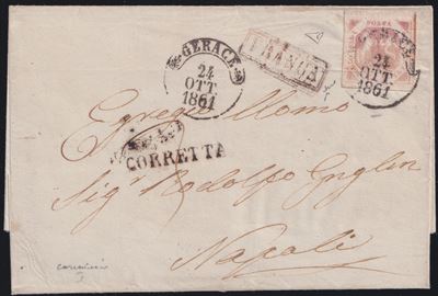 Busta postale da Gerace per Napoli con affrancatura 2 gr (III tav. n. 7) e stampatelli «CORRETTA»...