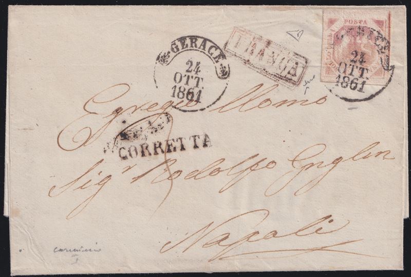 Busta postale da Gerace per Napoli con affrancatura 2 gr (III tav. n. 7) e stampatelli «CORRETTA»...