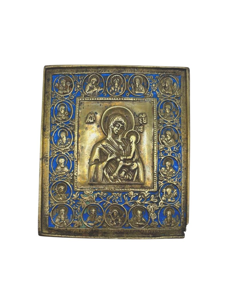Icona della Madonna di Smolensk, fusione in bronzo e smalti policromi (XIX secolo)