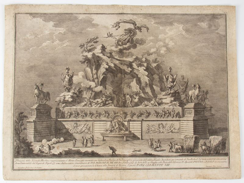 Giuseppe Vasi - Disegno della “Seconda Machina” con il Monte Etna e la Fucina di Vulcano