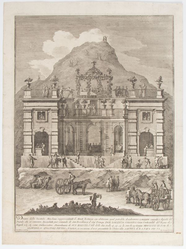 Disegno della Seconda Machina rappresentante il Monte Testaccio con abitazione, da Giuseppe Palazzi