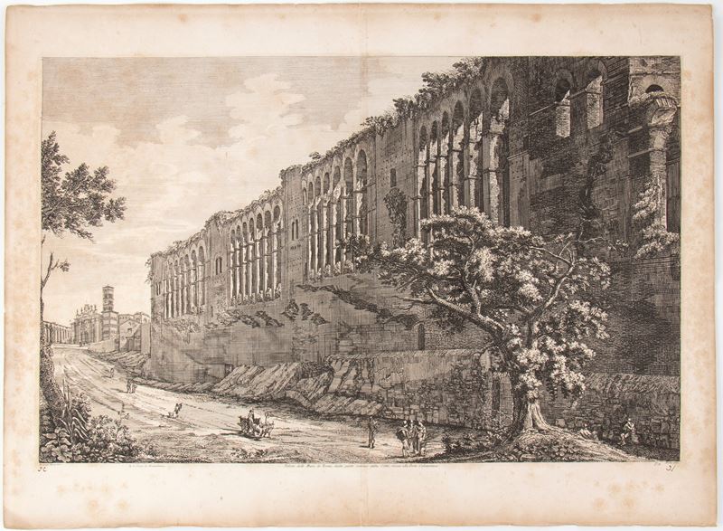 Luigi Rossini - Veduta delle Mura di Roma dalla parte interna della città, vicino alla Porta Celi...