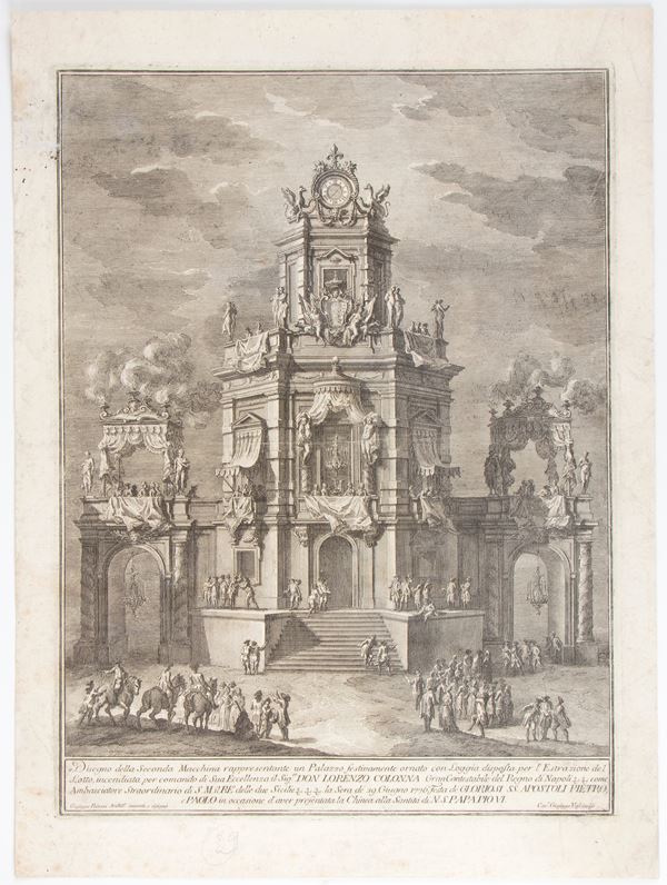 Disegno della Seconda Macchina rappresentante un Palazzo festivamente ornato con Loggia, after Giuseppe Palazzi