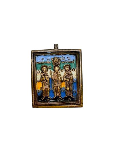 Icona da viaggio raffigurante i Tre Santi Gerarchi, fusione in bronzo con smalti policromi
