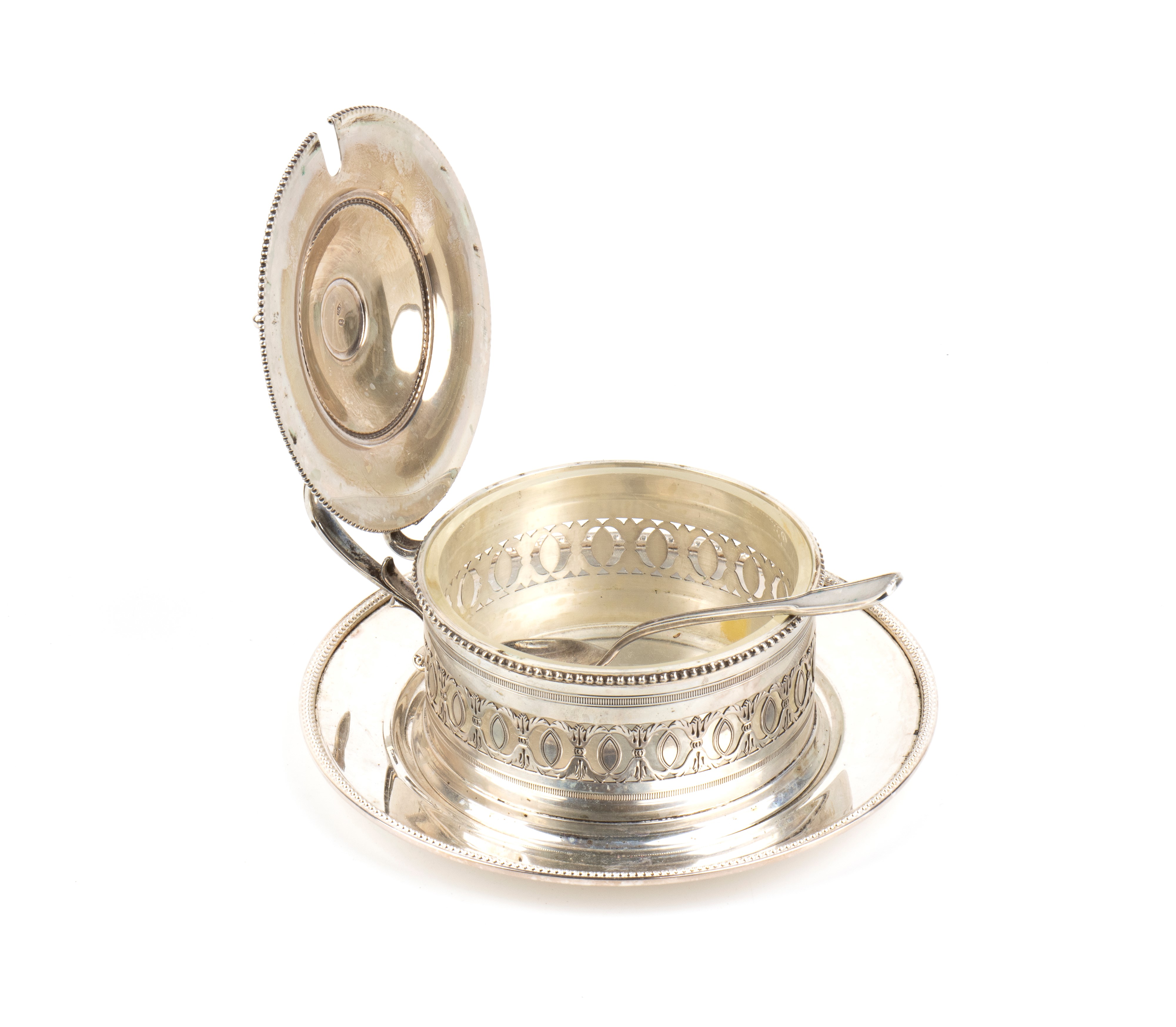 Formaggiera italiana, argento 800/1000 e 925/1000 con contenitore in vetro, seconda metà del XX s...