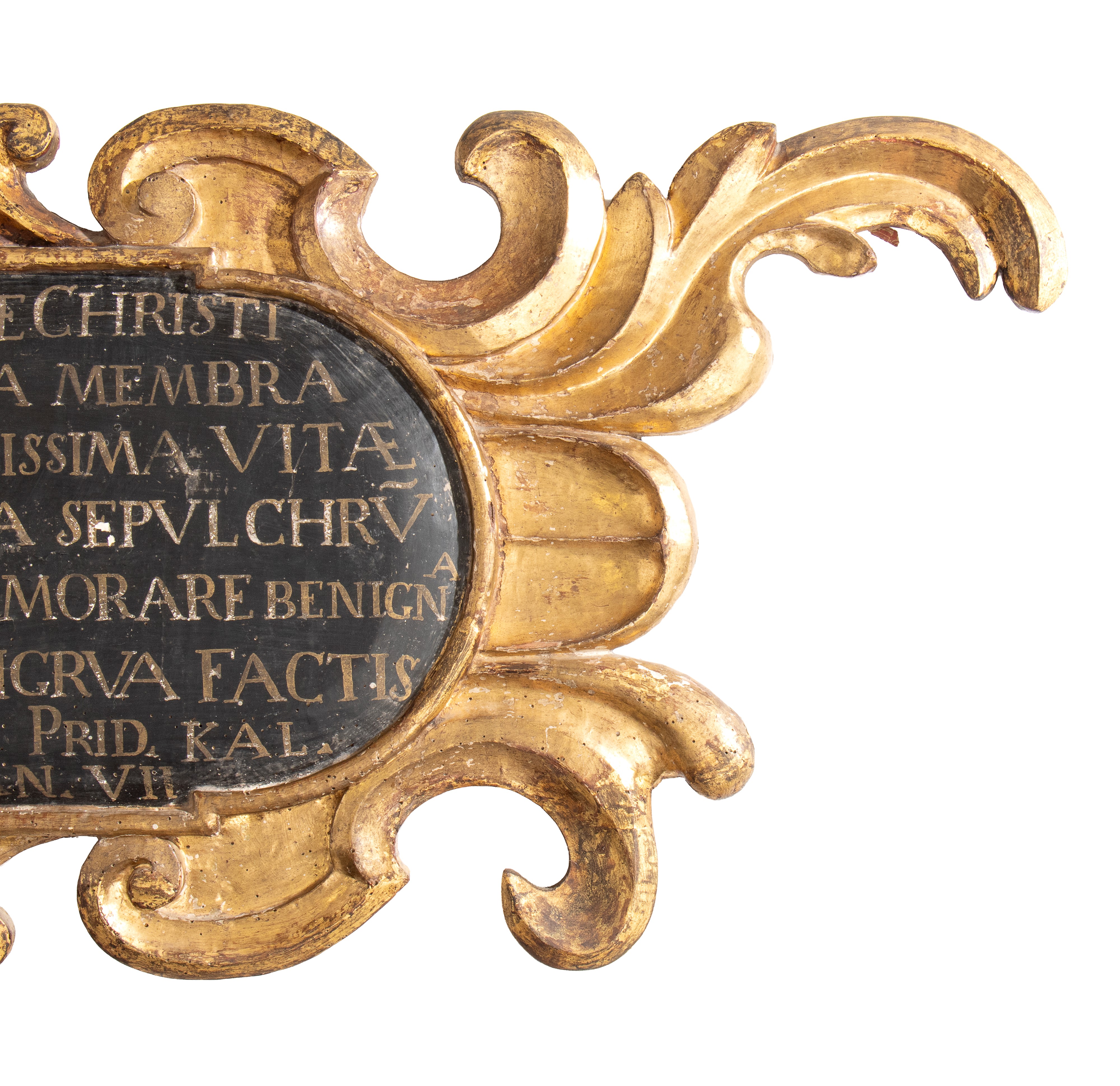 Italia centrale, Stele funeraria in legno dorato con iscrizione epigrafica (XVIII secolo)
