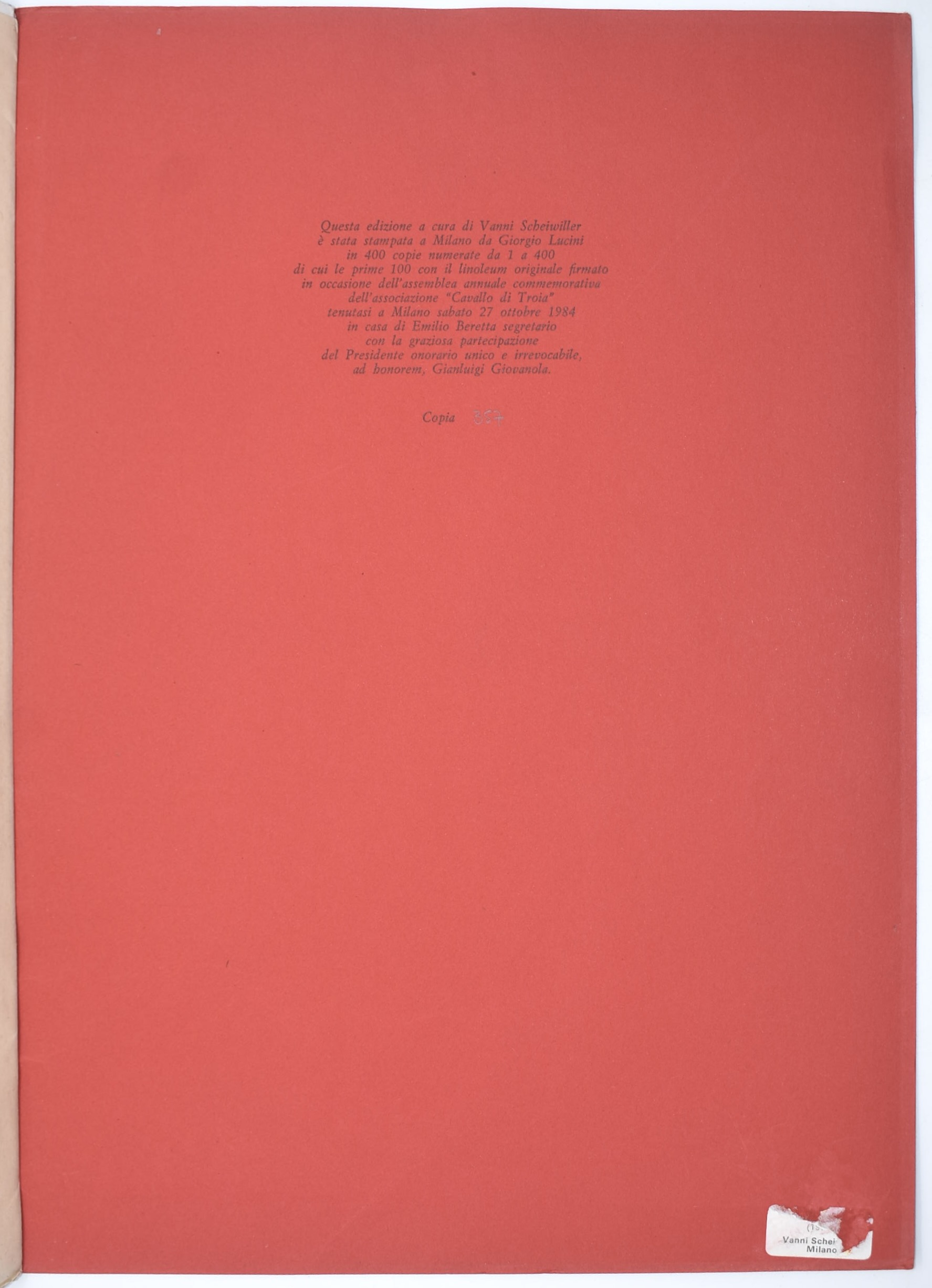 Giovanola, Gianluigi, Cavallo di Troia, 1984 es. n. 357/400 (cartella editoriale con manifesto e ...