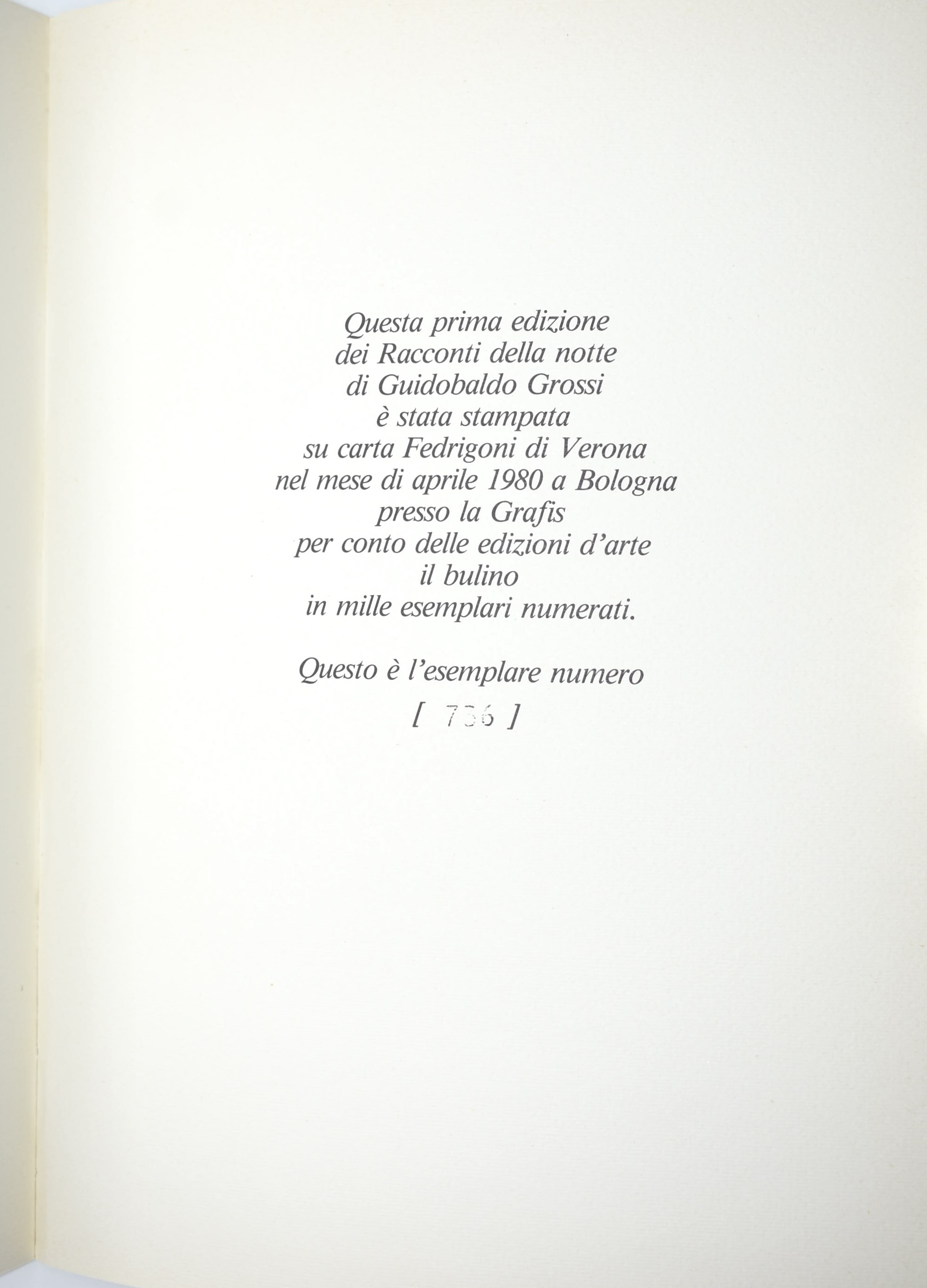 Guidobaldo Grossi, Racconti della notte, volume d’artista con incisione originale
