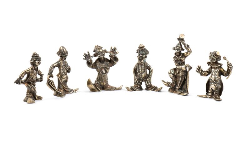 Set di 6 segnaposto italiani, figure a pagliaccio, argento 800/1000